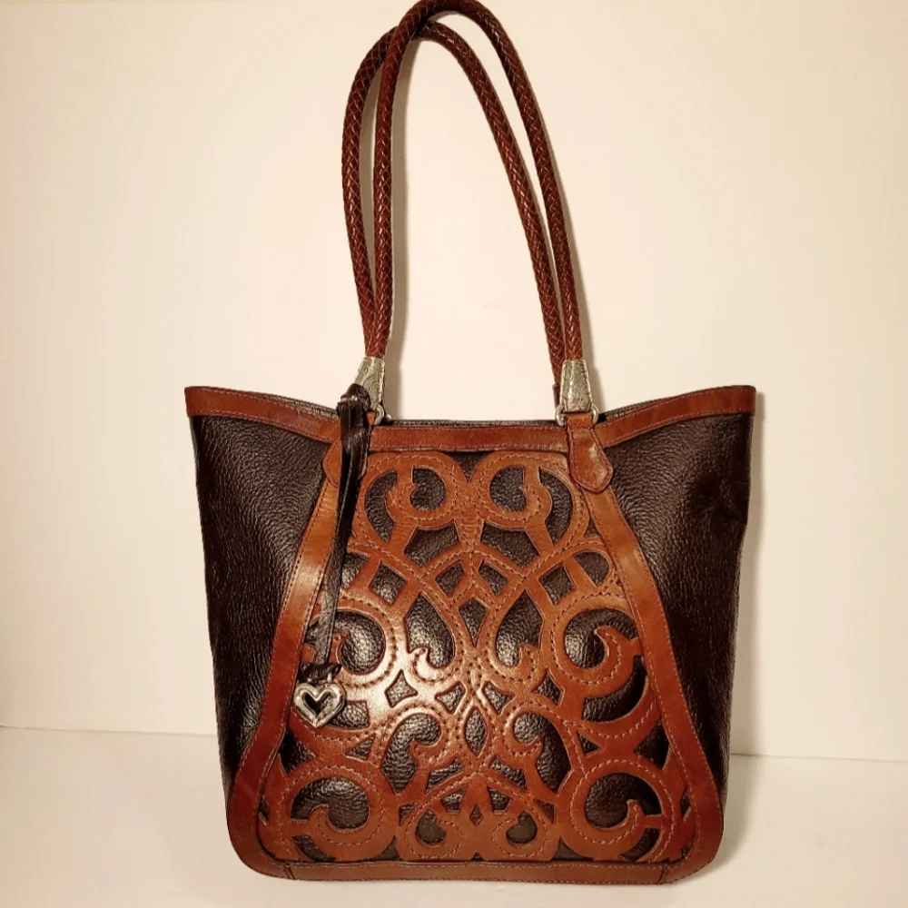 Brighton Brown and Tan Leather Cutout Tote with Heart Charm